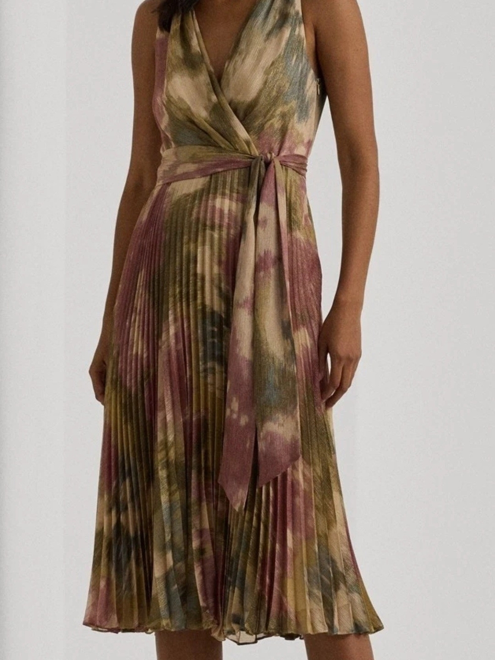 Lauren Ralph Lauren Pleated Wrap Midi Dress in Pink & Olive Wash